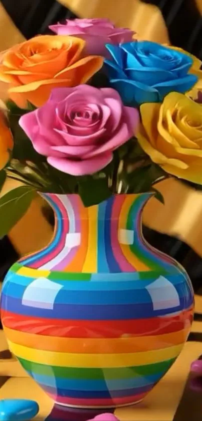 Colorful roses in a striped vase with geometric background.