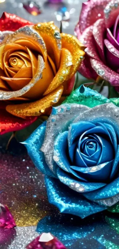 Colorful roses with glittering dew on mobile wallpaper