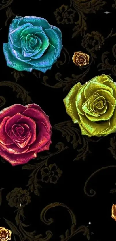 Vibrant colorful roses on black wallpaper.