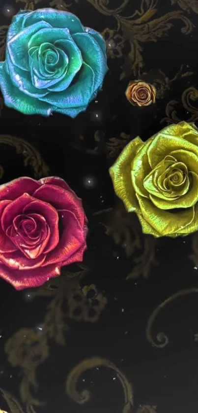 Multicolored roses on an artistic dark background.