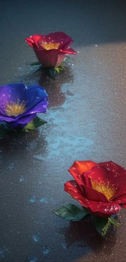 Three vibrant roses floating on reflective water surface.