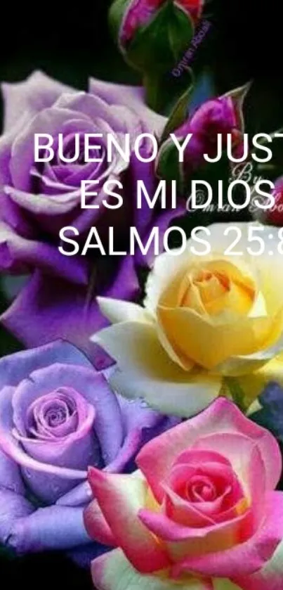 Colorful roses with spiritual verse in mobile wallpaper.