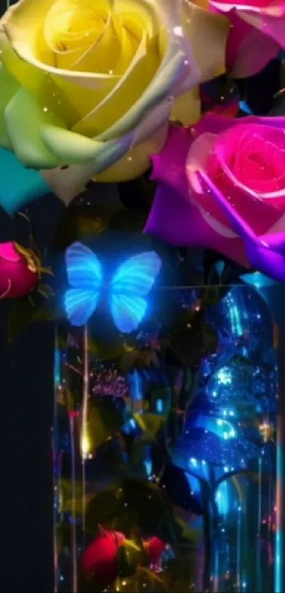 Colorful roses in a glass vase with glowing butterflies.