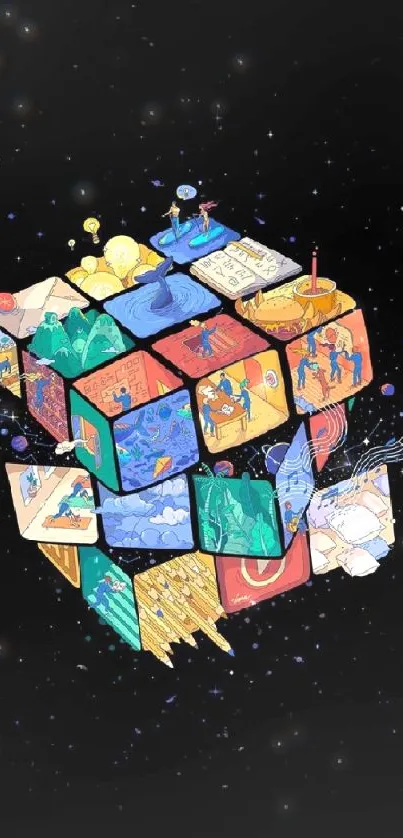 Colorful Rubik's Cube artwork on black background