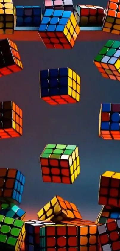 Floating colorful Rubik's cubes on gradient background.