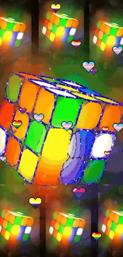 Colorful Rubik's Cube with hearts in vibrant art style.