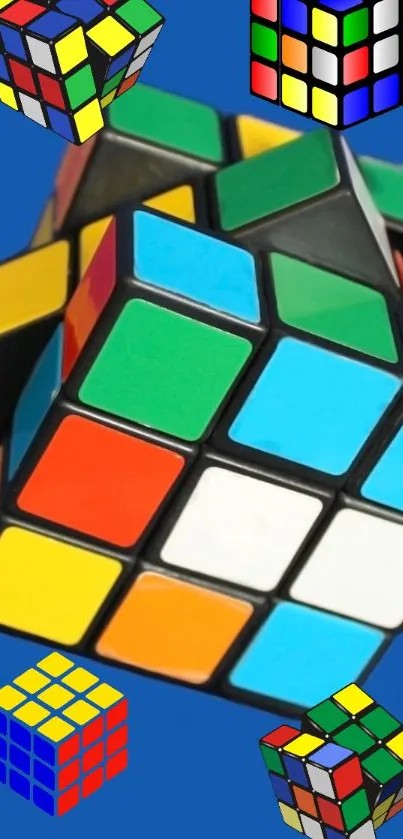 Colorful Rubik's Cube on blue background wallpaper.