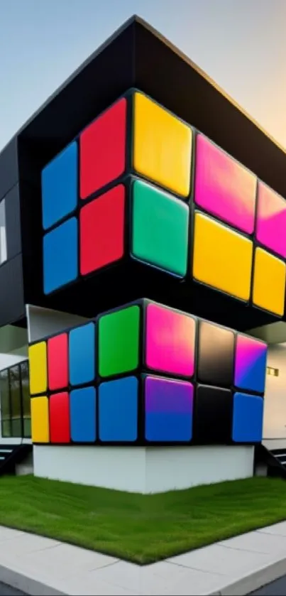 Vibrant house designed like a Rubik's cube with colorful panels.