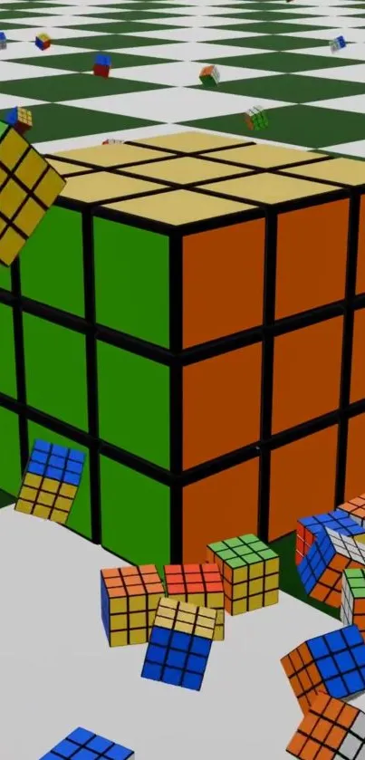 Colorful Rubik's Cube on a checkered floor.