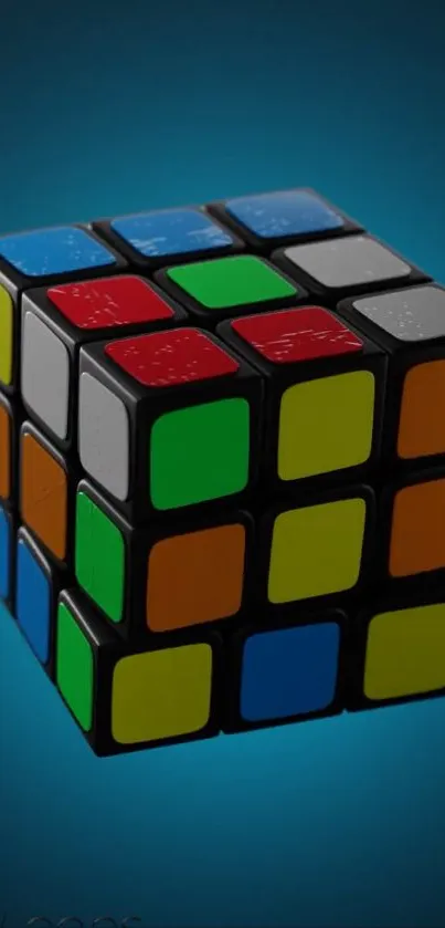 Colorful Rubik's Cube on a blue background.