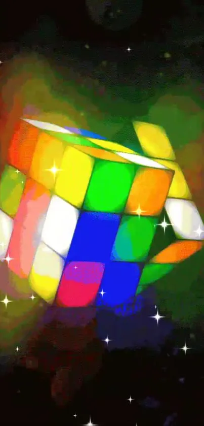 Vibrant Rubik's Cube with a cosmic background and shining stars.