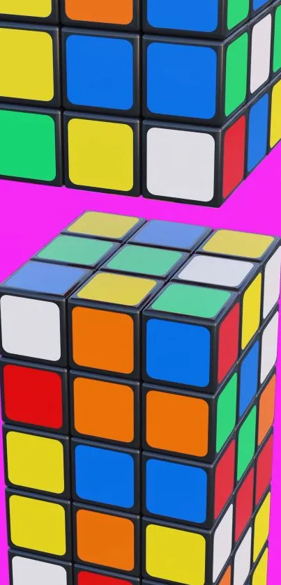 Colorful Rubik's cubes against a pink background wallpaper.