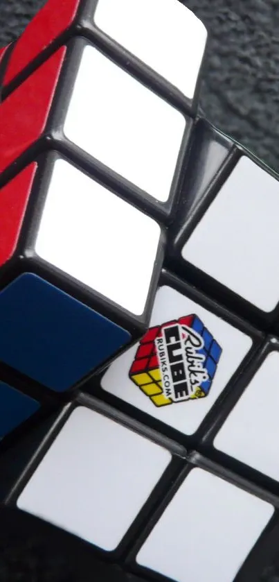 Vibrant Rubik's Cube design with red, blue, and white faces.