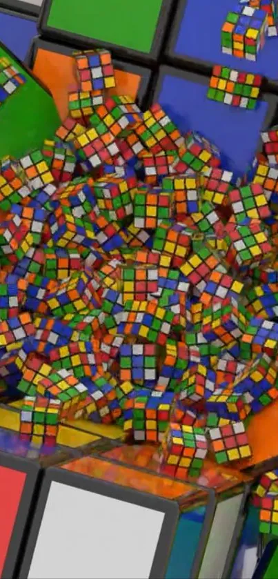 Vibrant explosion of colorful Rubik's cubes in an abstract design.