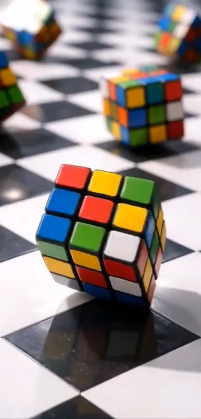 Colorful Rubik's cubes on a chessboard background.
