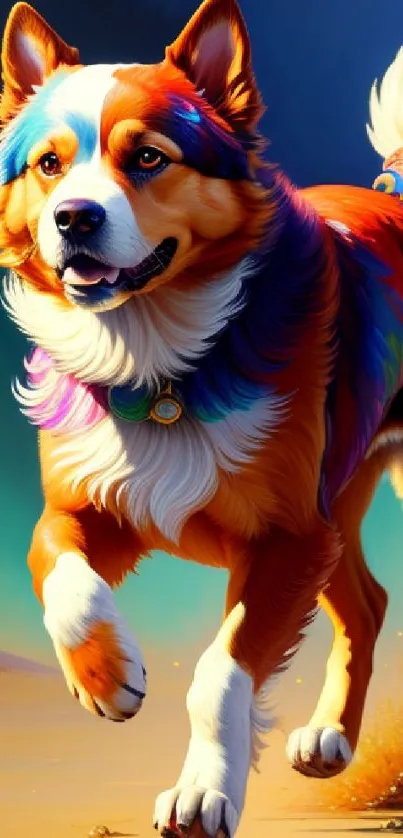 Colorful dog artwork with vibrant colors running on a scenic background.