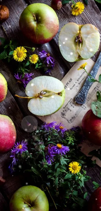 Fresh apples with flowers on rustic wooden background.