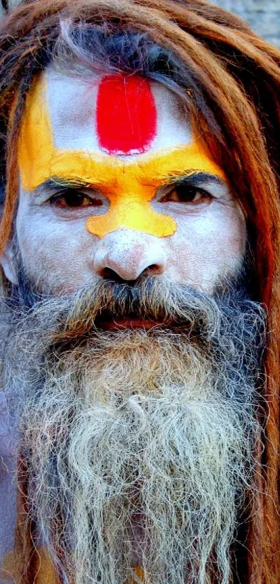 Portrait of a holy man with colorful face paint and long dreadlocks.