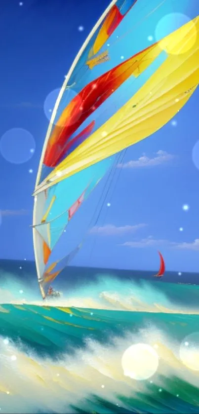 Sailboat with vibrant sails on turquoise waves under a clear blue sky.