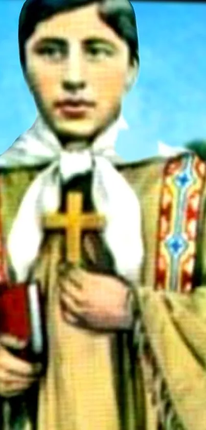 Illustration of a saint holding a cross with vibrant attire.