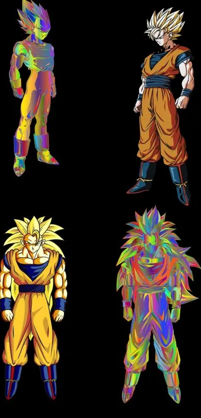 Colorful anime Saiyan characters on a black mobile wallpaper.