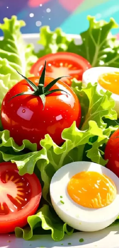 Artistic salad wallpaper with tomatoes, greens, and eggs.