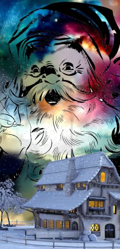 Cosmic Santa and snowy cabin mobile wallpaper.