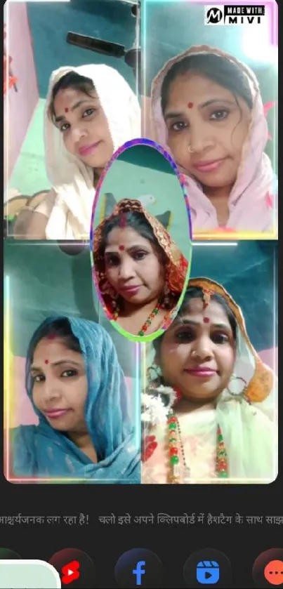 Collage of vibrant saree portraits in various colors on a mobile screen background.