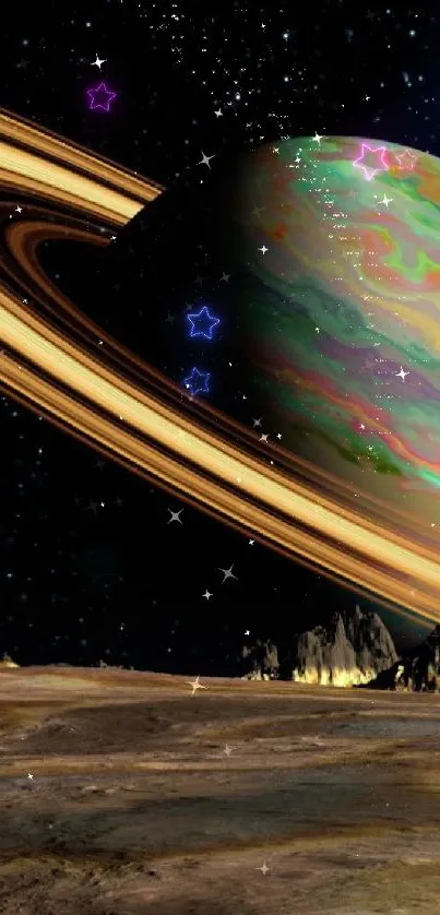 Colorful Saturn with rings against a starry sky.