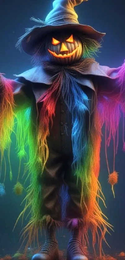 Colorful scarecrow with rainbow hues and a spooky Halloween vibe.