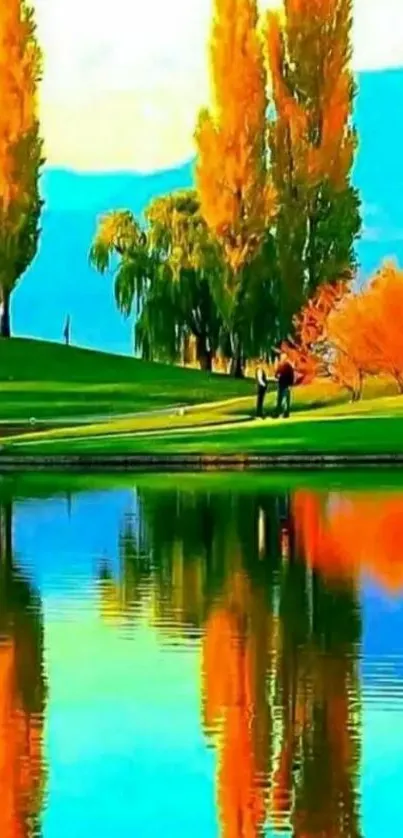 Vibrant autumn trees reflected in a serene lake.