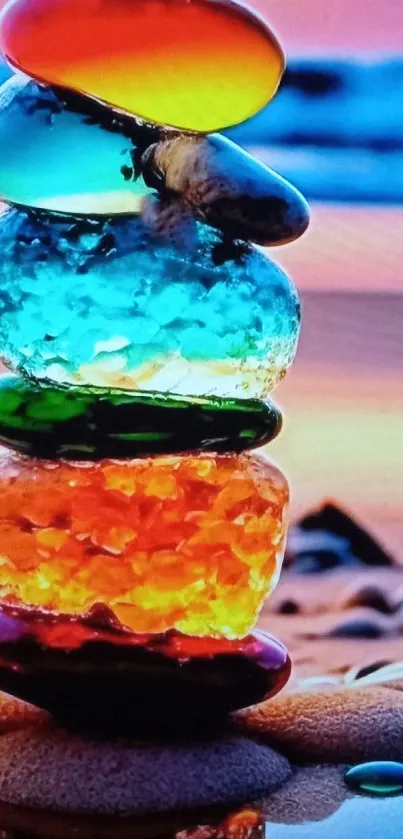 Colorful stacked sea glass on a serene beach.