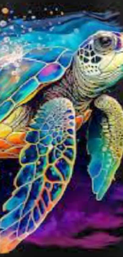 Colorful sea turtle artwork with vibrant colors on a dark background.