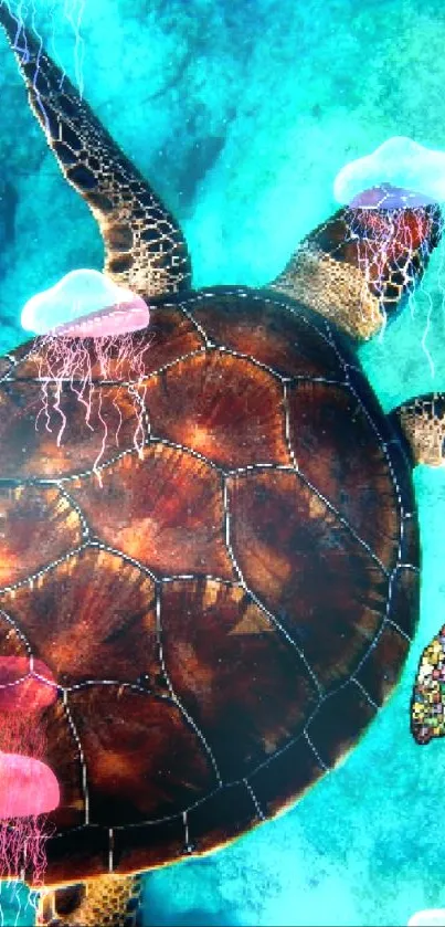 Two colorful turtles swimming in turquoise ocean waters.