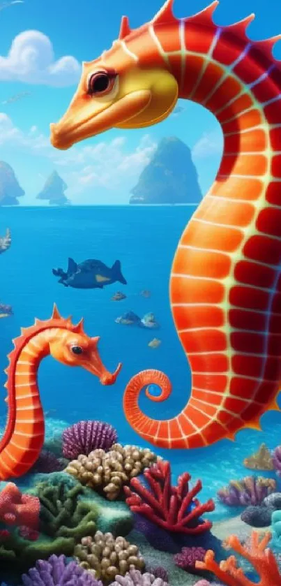 Vibrant seahorses and corals in a colorful ocean scene.