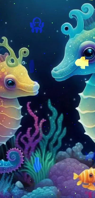 Artistic wallpaper of colorful seahorses amidst a vibrant underwater scene.