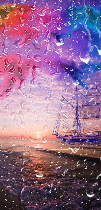 Colorful seascape wallpaper with vivid sunset and abstract ship design.