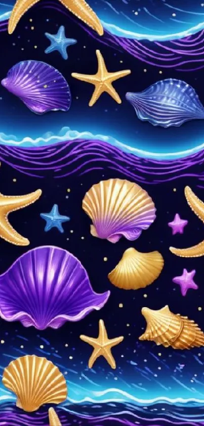 Colorful seashell and starfish pattern wallpaper.