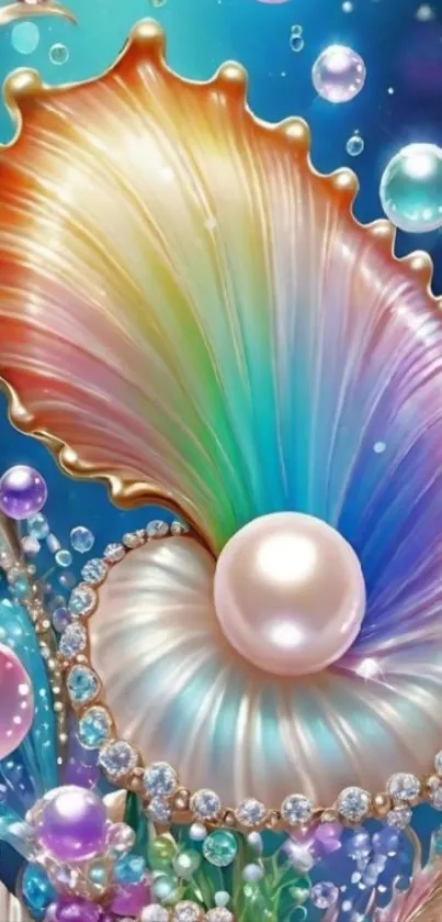 Colorful seashell art with pearls and bubbles on blue background.