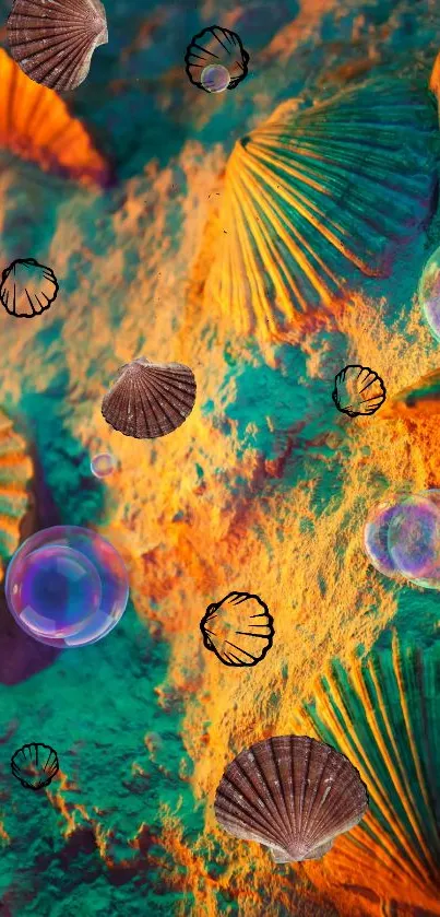 Colorful seashells and bubbles mobile wallpaper with orange hues.