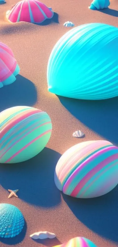 Colorful 3D seashells on sandy beach with pastel hues for phone wallpaper.