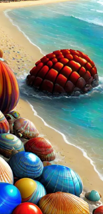 Colorful seashells on a beach with blue ocean waves.