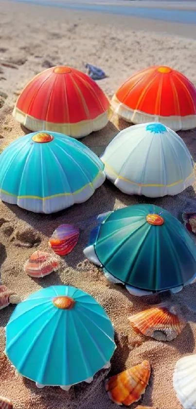 Colorful dome-shaped seashells on a sandy beach with ocean vibes.