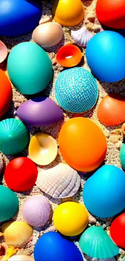 A vibrant display of colorful seashells on sand.