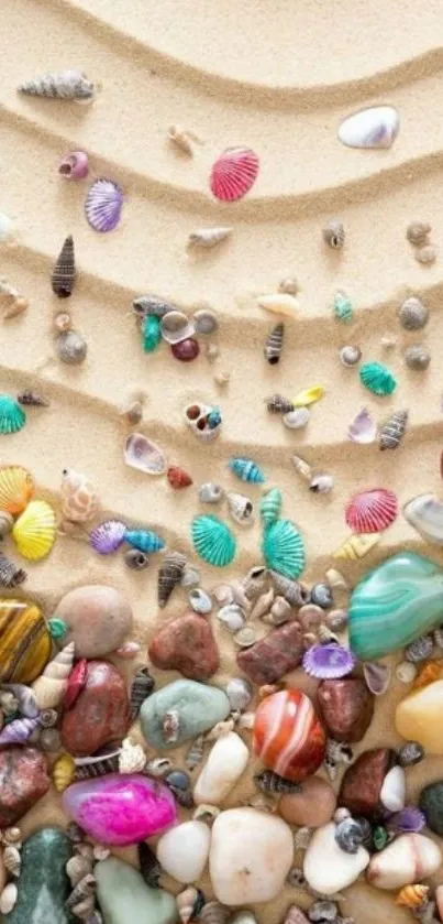 Colorful seashells scattered on sandy beach wallpaper.