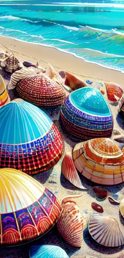 Colorful seashells by the beach with ocean waves in the background.