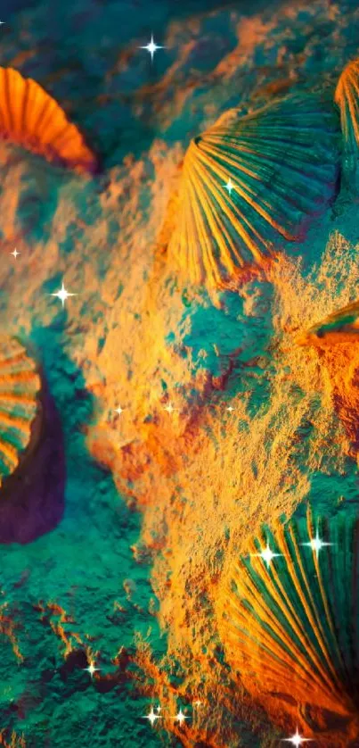 Colorful shells on an underwater-themed wallpaper