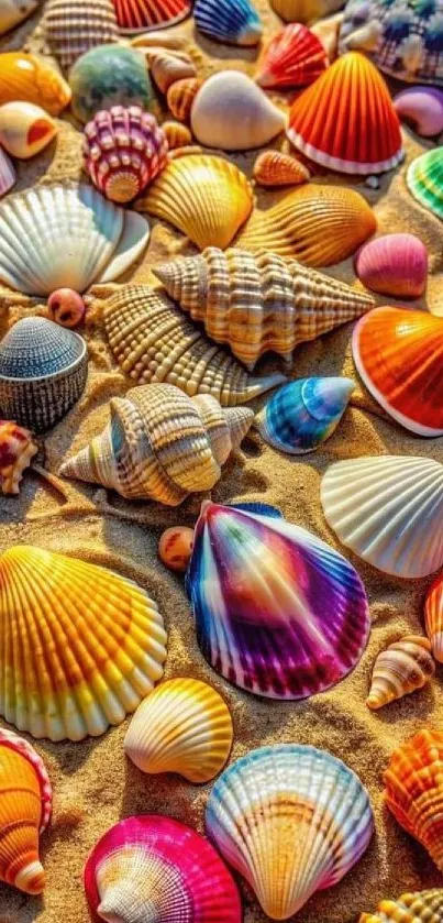 Colorful seashells on sandy beach background.