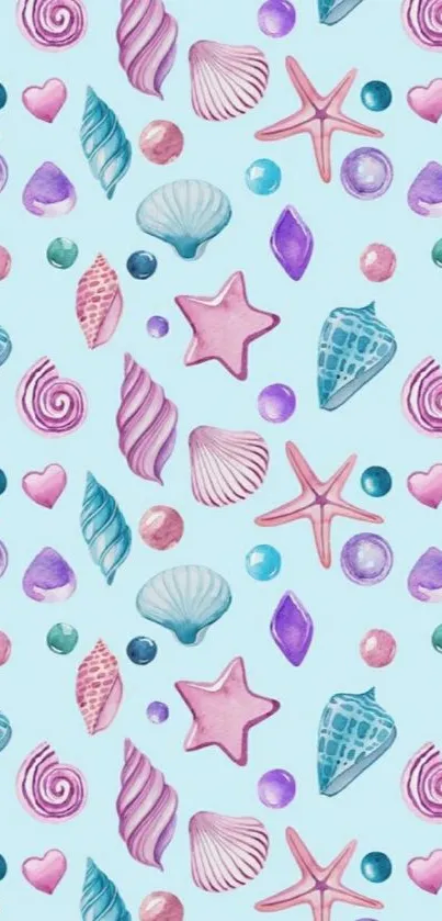 Colorful seashell and starfish pattern on light blue background.