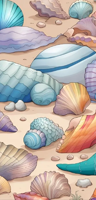 Colorful seashells on sandy beach wallpaper.